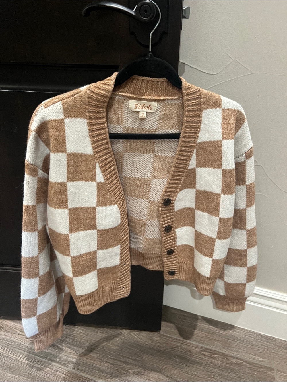 Vici Listiele Tan & White Checker Knit Cardigan Sweater